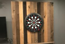 DIY Reclaimed Wood Dart Board Wall dart board wall final setup