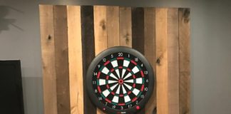 DIY Reclaimed Wood Dart Board Wall dart board wall final setup