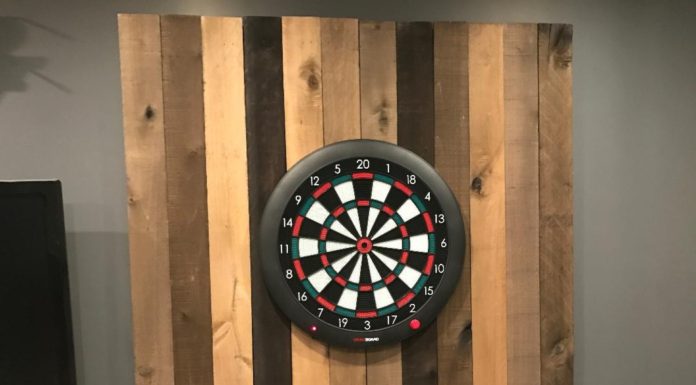 DIY Reclaimed Wood Dart Board Wall dart board wall final setup